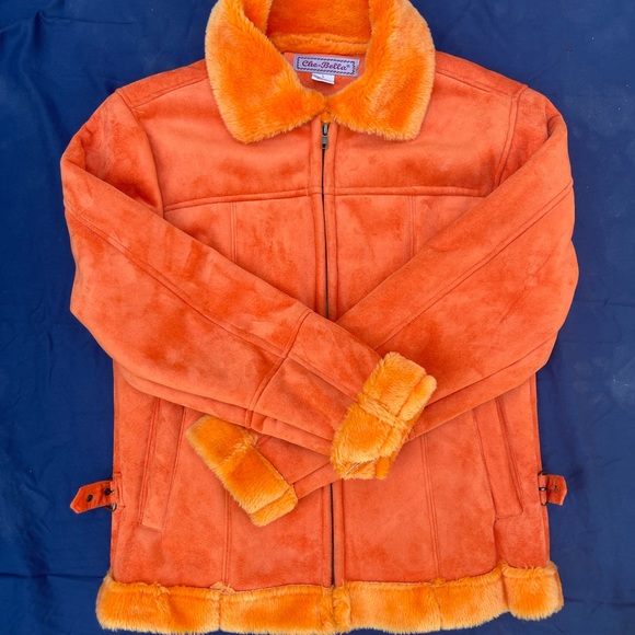 1990s Suede Bright Orange Bomber Zip Up Jacket with Faux Fur Orange Trim LARGE - Picture 4 of 9